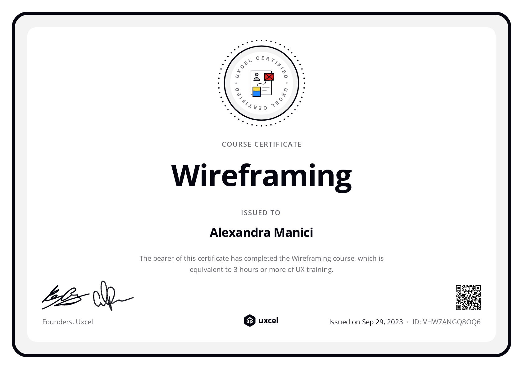 Alexandra Manici's certificate